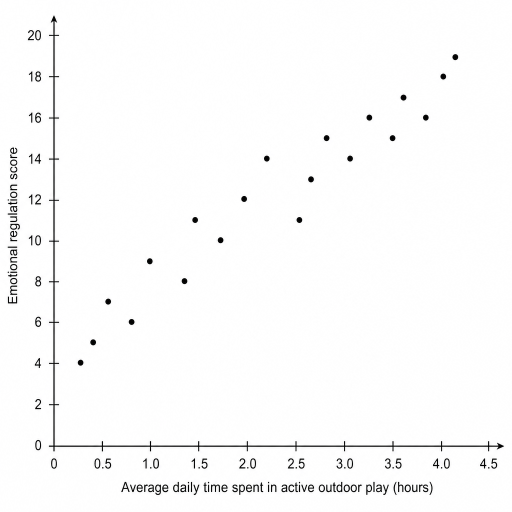 Scattergram showing a positive correlation between the average daily time spent in active outdoor play in hours on the X-axis (ranging from 0 to 4 hours) and the emotional regulation score on the Y-axis (ranging from 0 to 20). The twenty data points generally trend upwards from the bottom-left to the top-right of the plot.