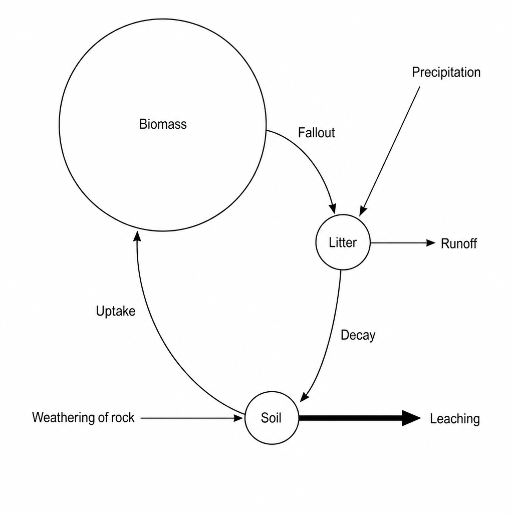 Figure 4: A Gersmehl diagram representation of the nutrient cycle in a tropical rainforest ecosystem.