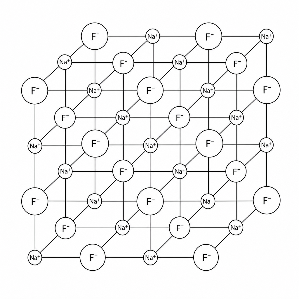 Figure 1: A ball-and-stick model of a giant ionic lattice structure of sodium fluoride, showing a regular three-dimensional arrangement of alternating smaller green spheres representing sodium ions and larger yellow-green spheres representing fluoride ions connected by grey sticks representing ionic bonds.