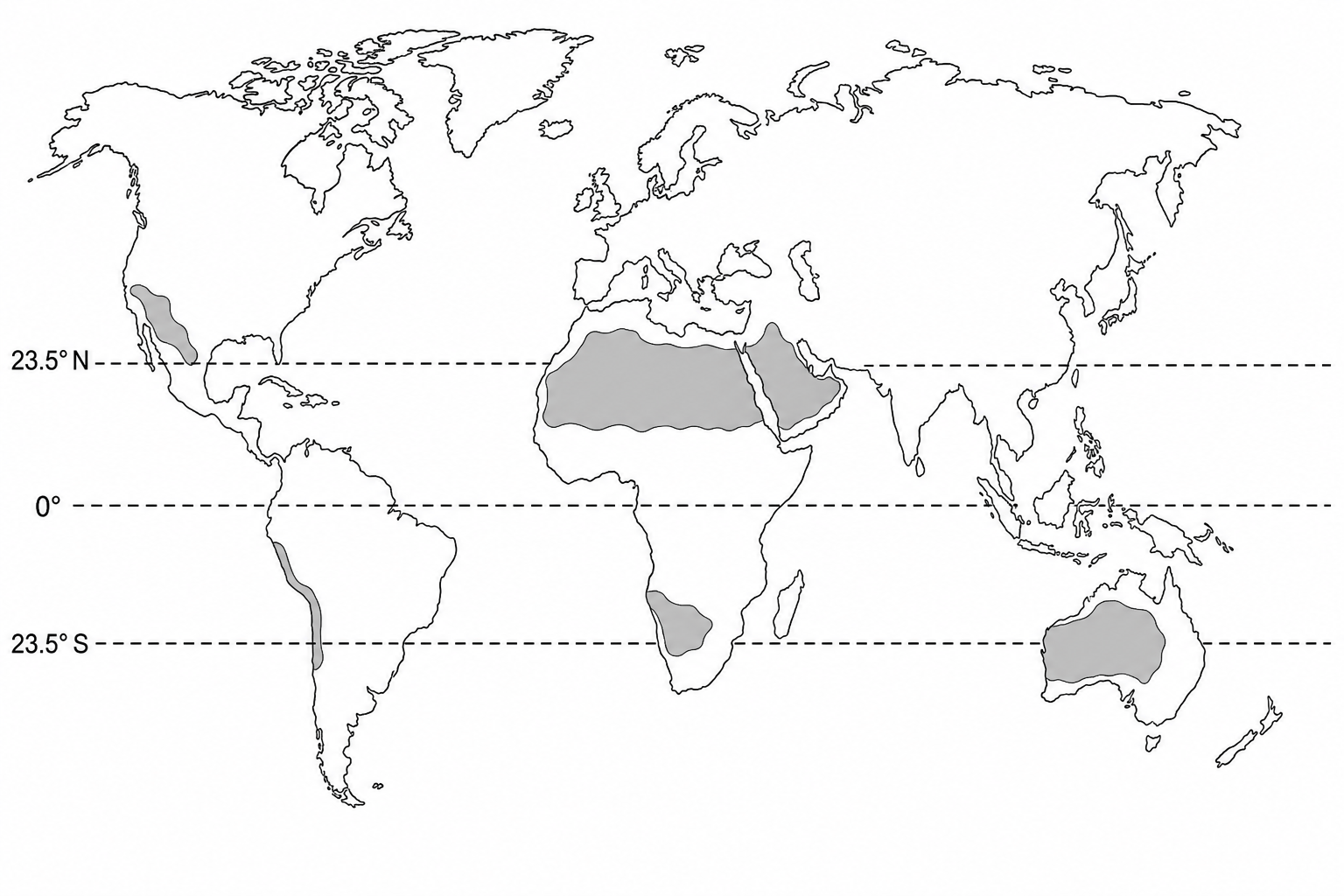 Figure 5: A world map showing the global distribution of hot desert ecosystems shaded in dark grey.