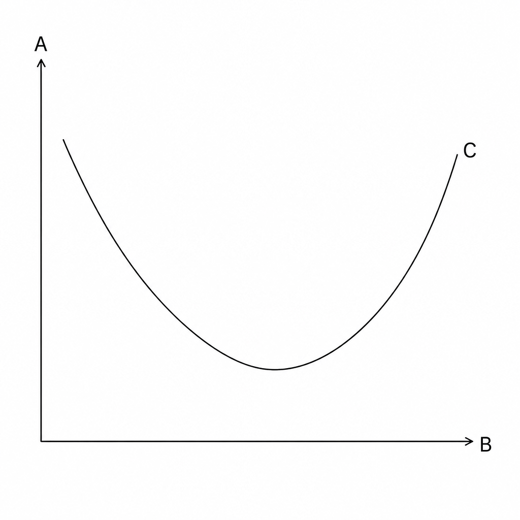 A diagram of an economies of scale graph. The vertical y-axis is marked with label A. The horizontal x-axis is marked with label B. There is a U-shaped curve that slopes downwards to a minimum point and then slopes upwards; this curve is marked with label C. All other text on the axes is blank.