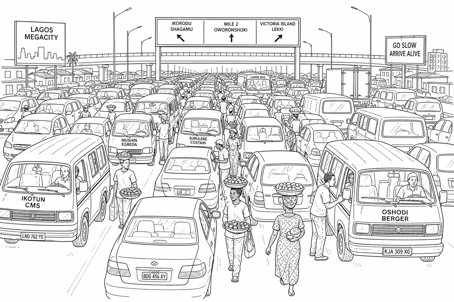 A major highway in Lagos, Nigeria showing severe traffic congestion and street vendors.