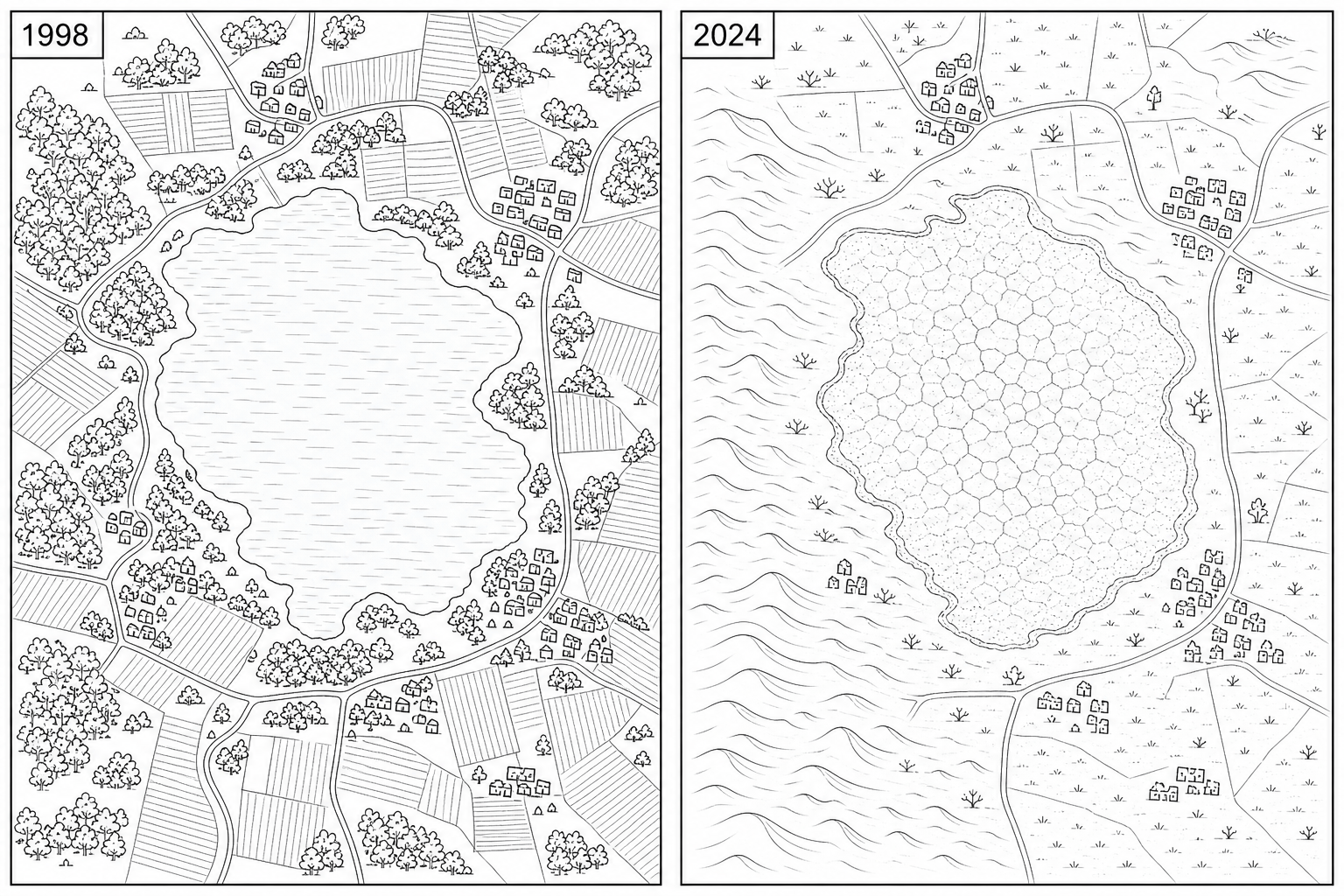 Figure 1b: A two-panel satellite map comparing an agricultural region undergoing desertification between 1998 and 2024.