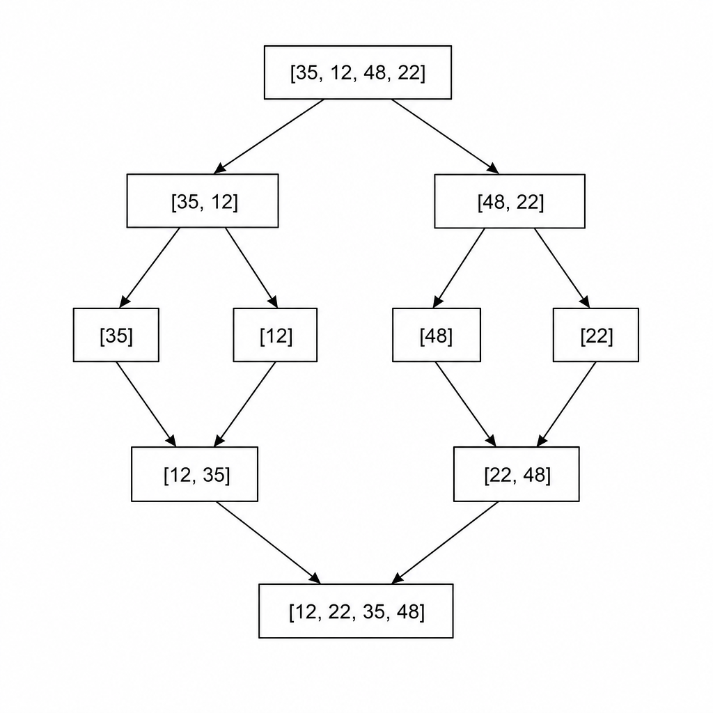 A diagram showing a list of four unsorted numbers [35, 12, 48, 22] at the top level, branching downwards into individual sub-lists, and then merging back up into a sorted list [12, 22, 35, 48]