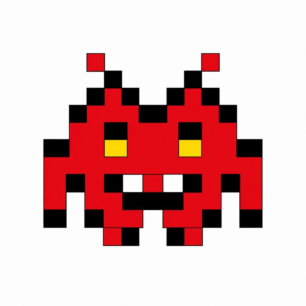 A grid-based pixel art layout of Icon B measuring 24 pixels wide by 16 pixels high, using exactly four distinct colors (black, white, red, and yellow).