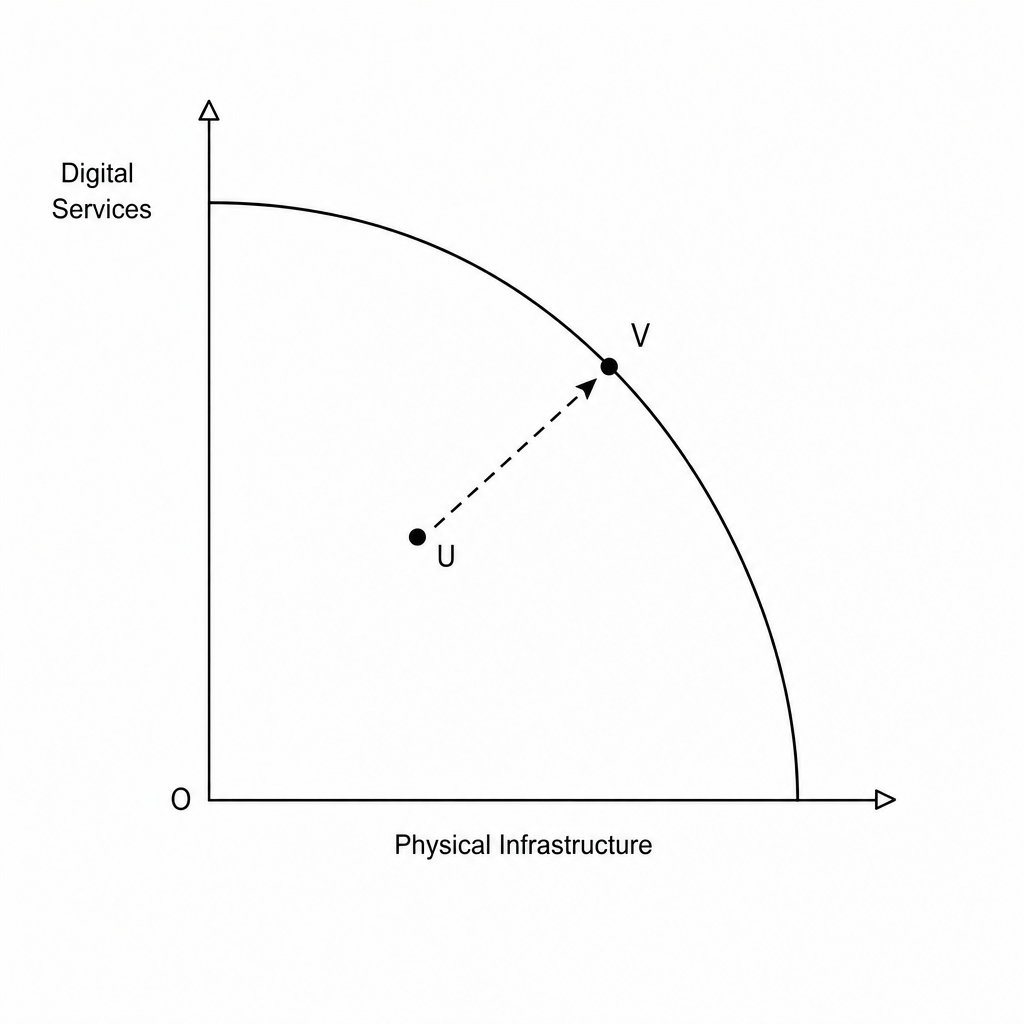 Production Possibility Frontier (PPF) showing a movement from point U inside the curve to point V on the curve.