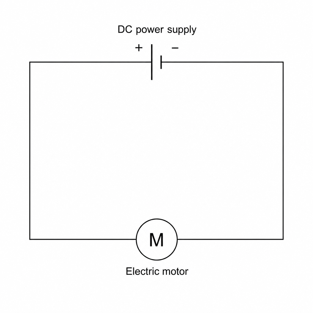 Figure 3: A simple circuit diagram consisting of a single loop. A d.c. power supply is at the top of the loop, and an electric motor symbol, represented by a circle with the letter 'M' inside, is at the bottom of the loop.