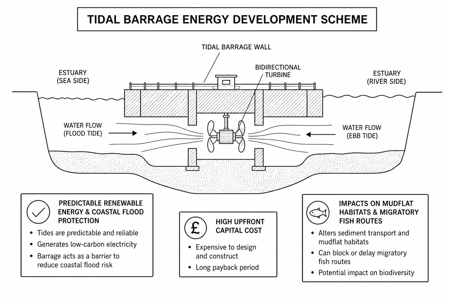 Figure 1: Infographic showing the key features, advantages, and disadvantages of a proposed tidal barrage energy development scheme.