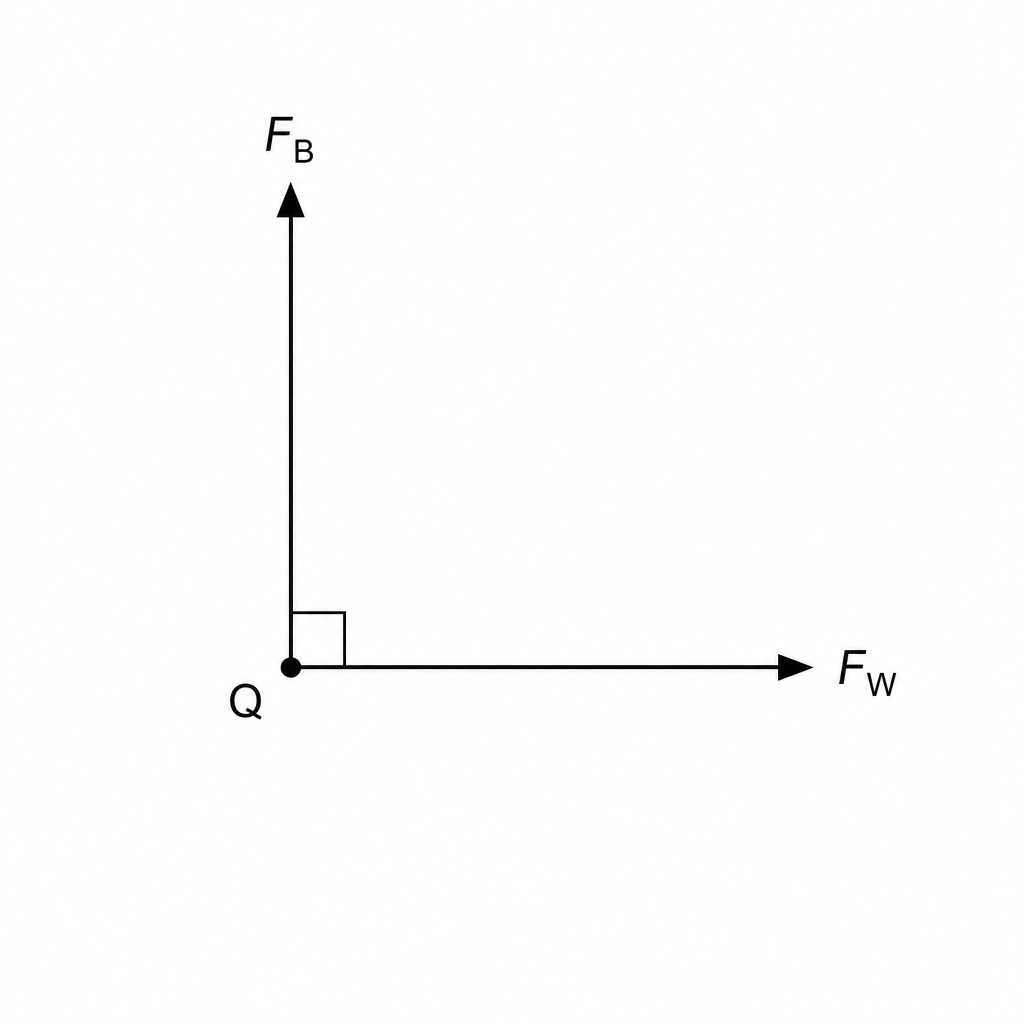 Figure 1: A vector diagram showing two perpendicular forces acting on point Q. Force F_B\, is a vertical vector pointing upwards. Force F_W\, is a horizontal vector pointing to the right.