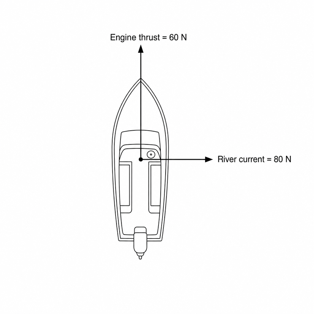 A motorboat with two perpendicular force arrows acting on it: a vertical arrow pointing upwards labeled 'Engine thrust = 60 N' and a horizontal arrow pointing to the right labeled 'River current = 80 N'. Both arrows start from the same point on the motorboat.