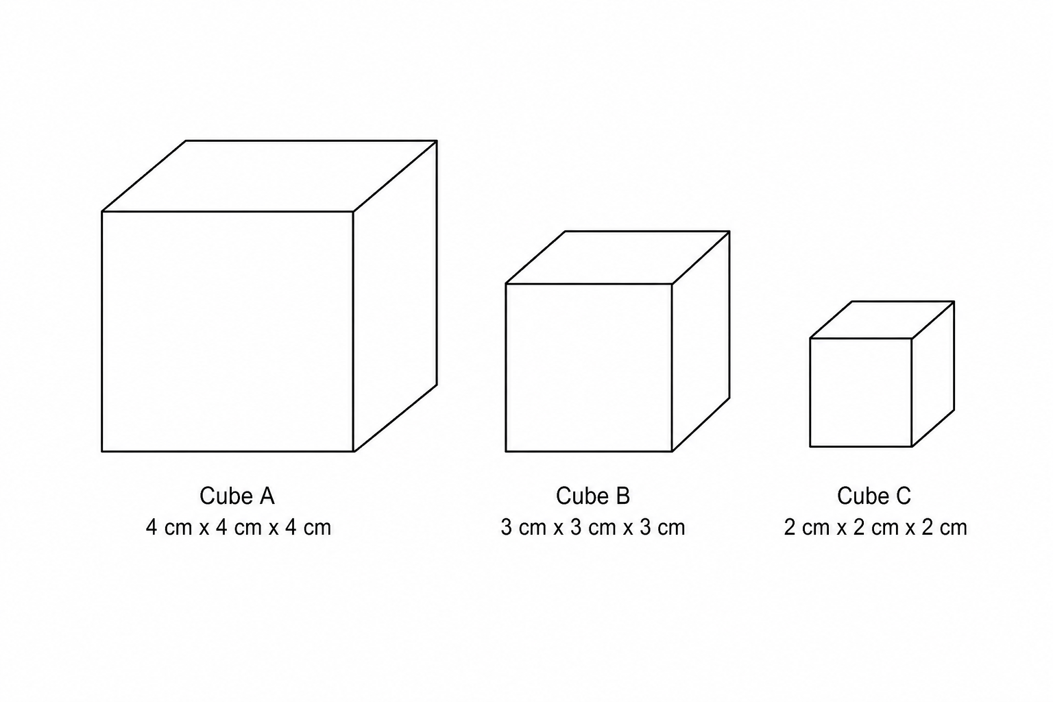 Three agar cubes of sizes 4 cm, 3 cm, and 2 cm