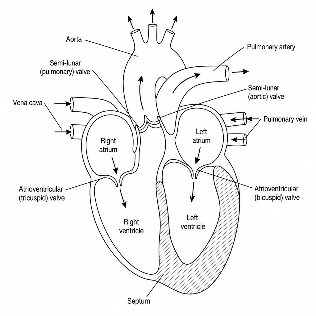 A cross-sectional diagram of the human heart showing four chambers: left atrium, right atrium, left ventricle, and right ventricle. The muscular wall of the left ventricle is significantly thicker than the wall of the right ventricle. Arrows show the direction of blood flow: deoxygenated blood enters the right atrium from the vena cava, passes through atrioventricular (tricuspid) valves into the right ventricle, and is pumped out through the pulmonary artery. Oxygenated blood enters the left atrium via the pulmonary vein, passes through atrioventricular (bicuspid) valves into the left ventricle, and is pumped out through the aorta. Semi-lunar valves are positioned at the bases of the pulmonary artery and aorta. A thick muscular central wall, the septum, completely separates the left and right sides of the heart.