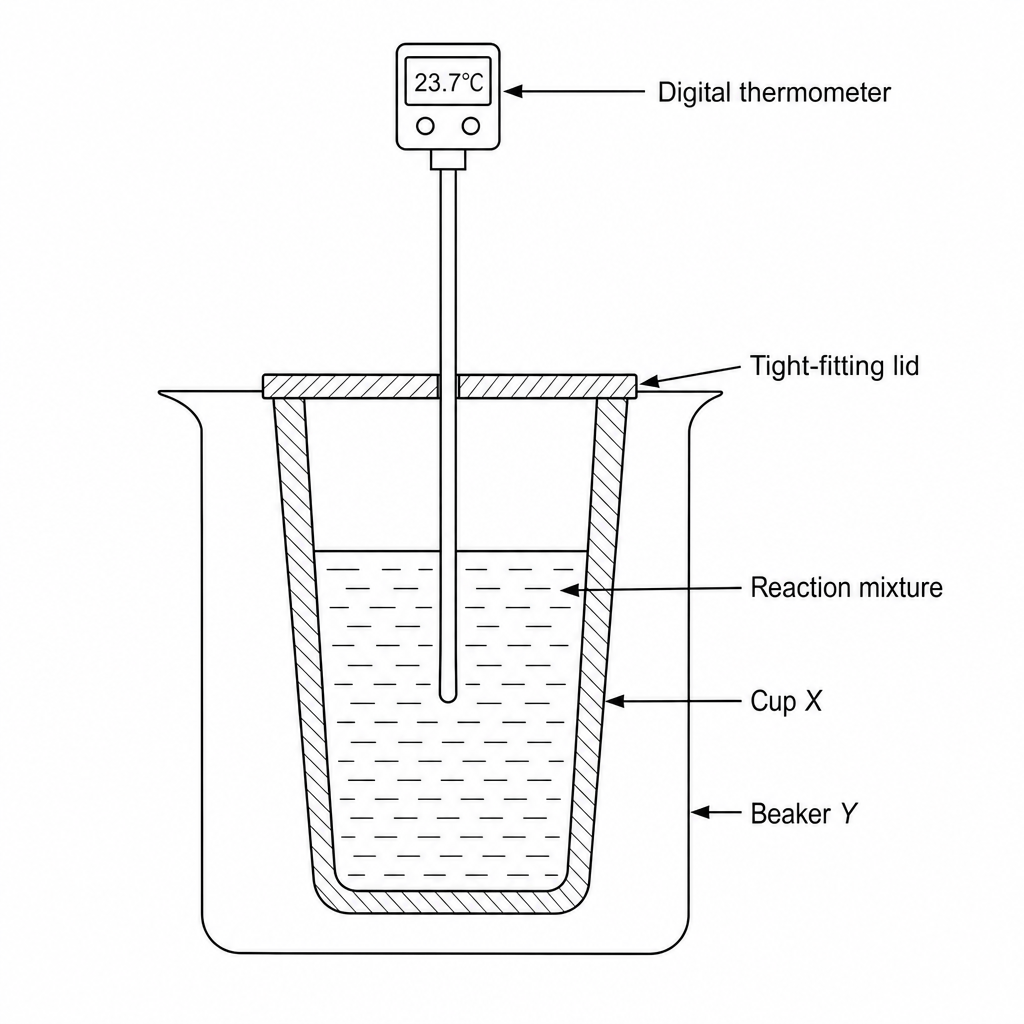 Diagram of a student's calorimetry setup. A digital thermometer is placed through a tight-fitting plastic lid into a liquid reaction mixture. The reaction mixture is contained inside a cup, labelled X. This cup is placed inside a sturdy glass beaker, labelled Y, which provides physical stability.