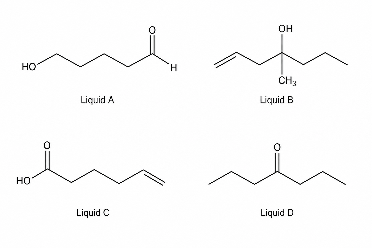 Four organic liquids labeled Liquid A, Liquid B, Liquid C, and Liquid D.