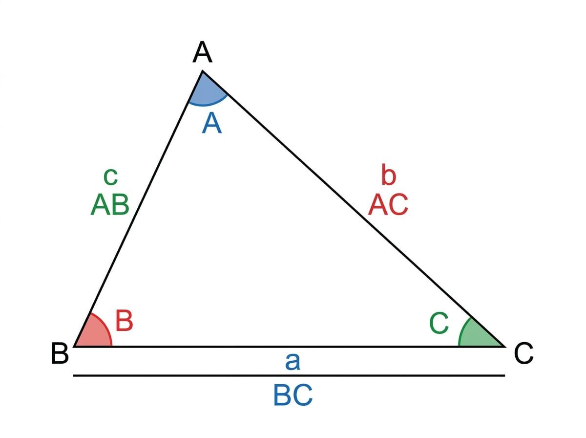 Triangle ABC with angles A, B, C and opposite sides BC, AC, AB colour coded to show opposite pairs