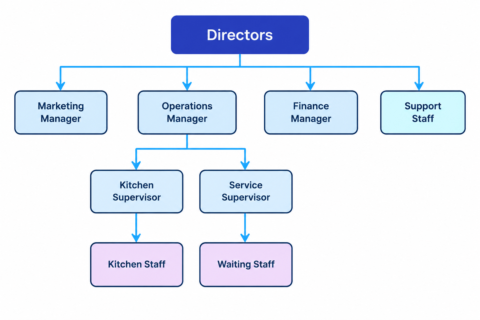 Organisational structure showing directors, managers, supervisors, operatives and support staff
