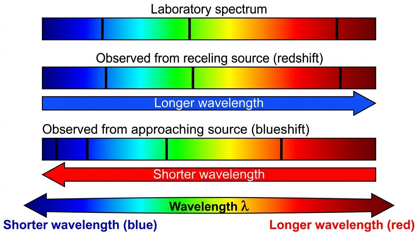 Observed spectra compared with a laboratory spectrum, showing redshift to longer wavelength and blueshift to shorter wavelength