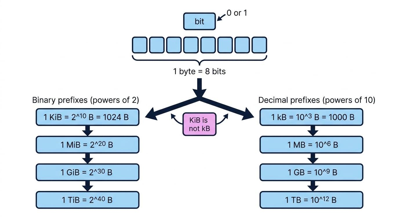 Diagram showing a bit as 0 or 1, 8 bits grouped into 1 byte, then branches to binary prefixes KiB MiB GiB TiB and decimal prefixes kB MB GB TB
