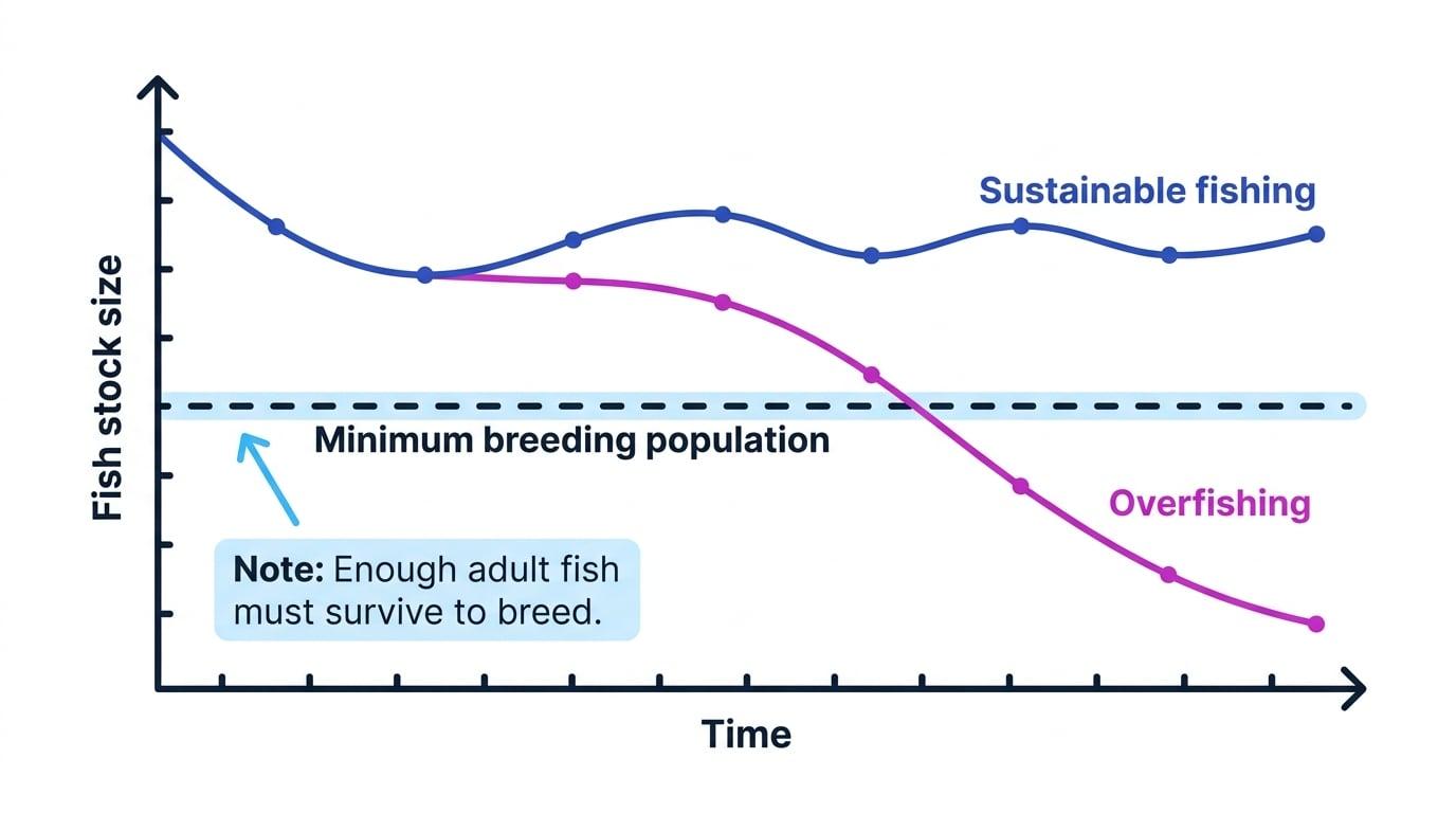 Line graph of fish stock size over time with a minimum breeding population threshold, a stable sustainable fishing curve above it, and an overfishing curve that falls below it