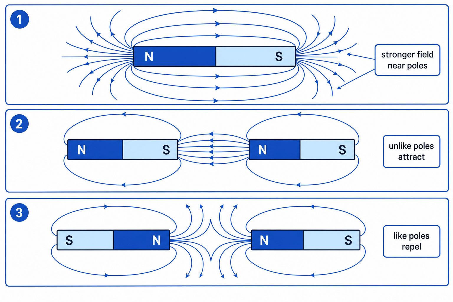 Field patterns for a single bar magnet, unlike poles attracting, and like poles repelling, with arrows and denser lines near the poles