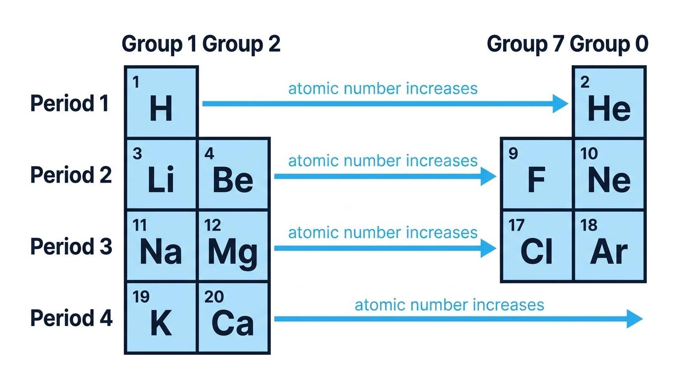Simplified periodic table with Period 1 to 4 labelled on the left, Group 1, Group 2, Group 7 and Group 0 labelled at the top, and arrows showing atomic number increases from left to right
