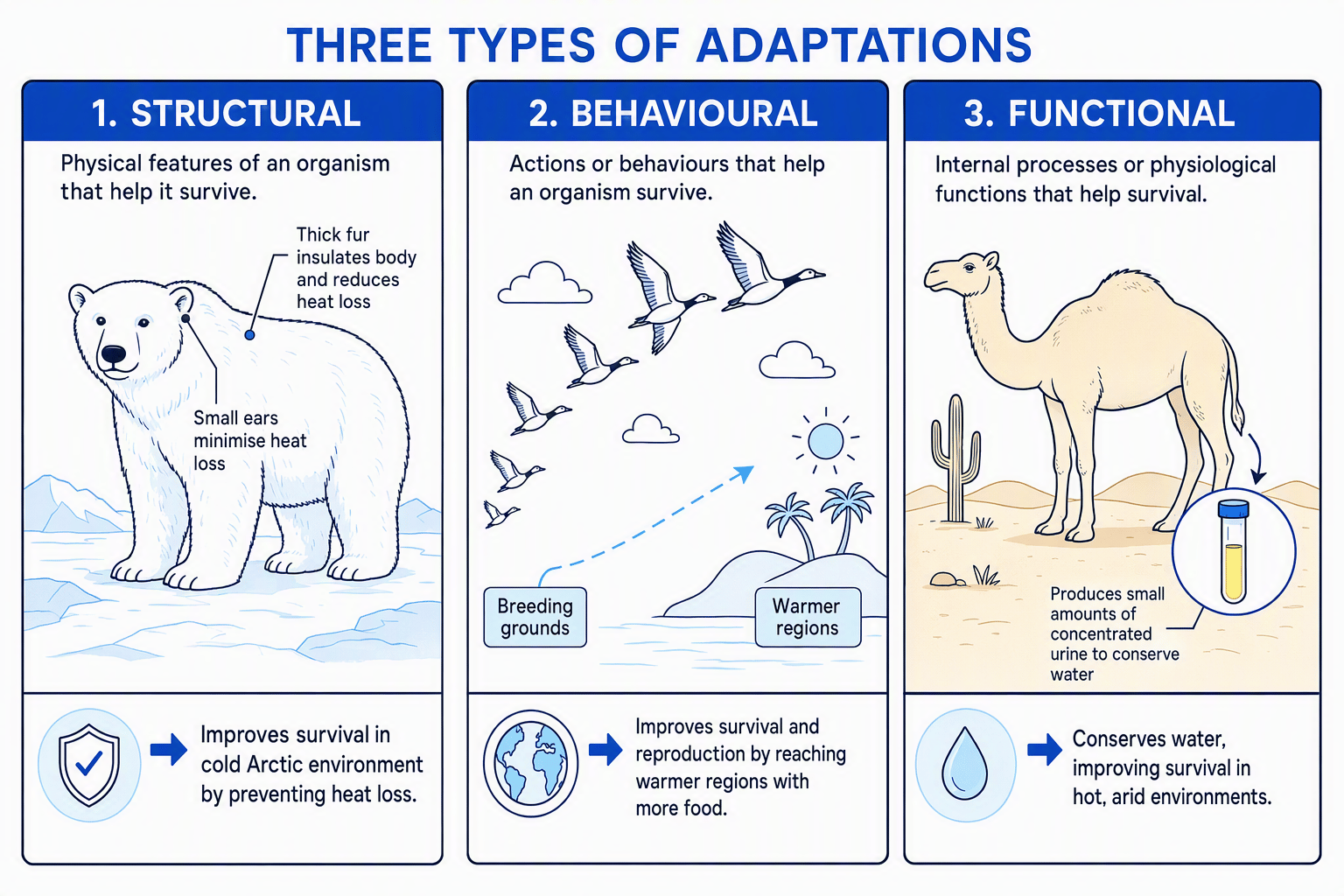 Biology diagram showing structural, behavioural and functional adaptations: a polar bear with thick fur and small ears, migrating birds, and a camel conserving water