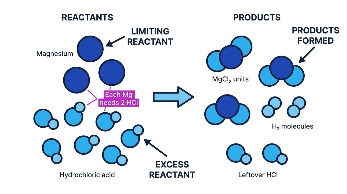 Particle diagram showing 3 magnesium atoms reacting with 8 hydrochloric acid molecules; 3 MgCl2 units and 3 H2 molecules form, with 2 HCl molecules left over to show an excess reactant