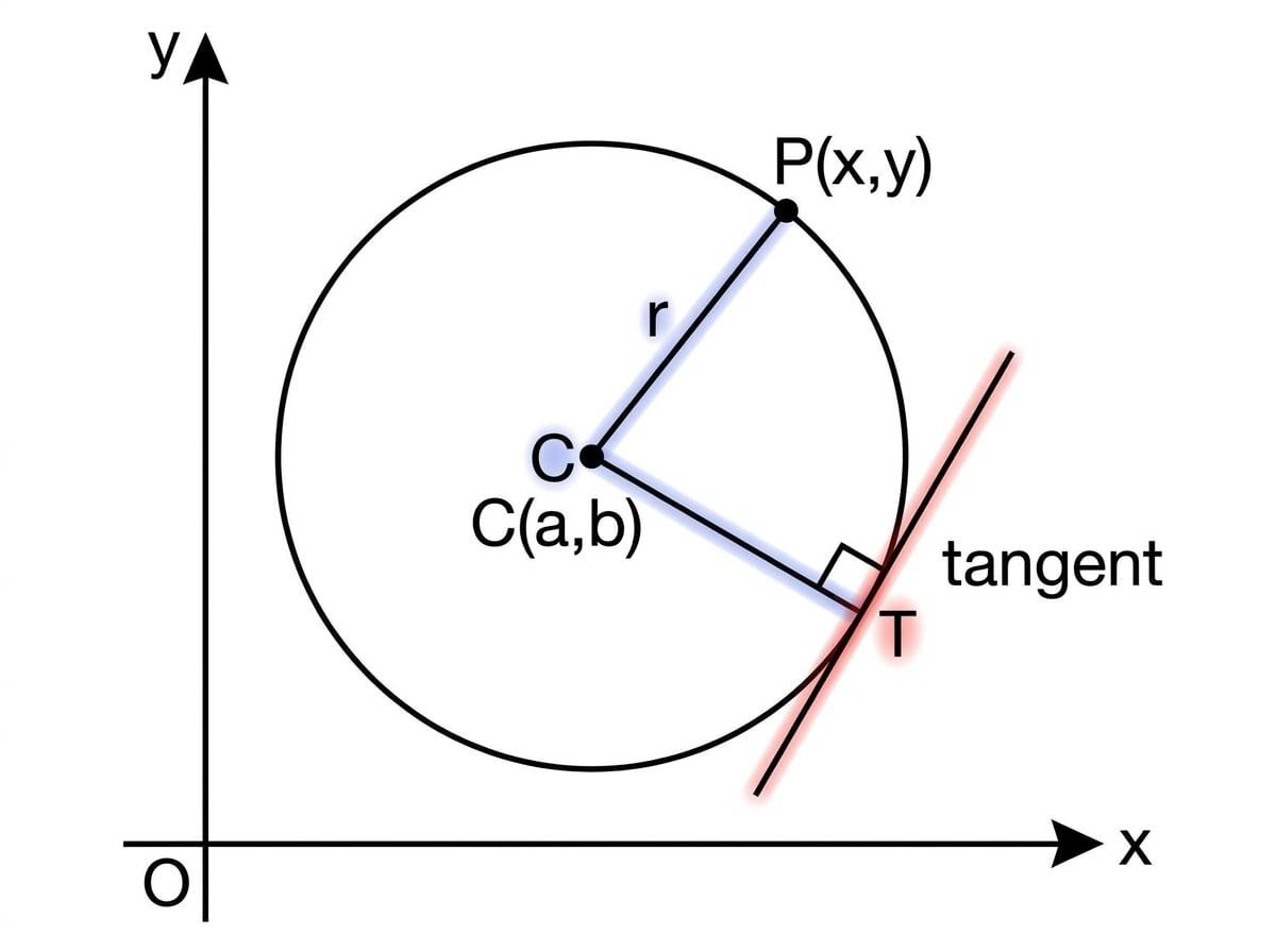 Coordinate diagram of a circle with centre C(a,b), radius r to a point P(x,y), and a tangent at T meeting the radius at 90 degrees