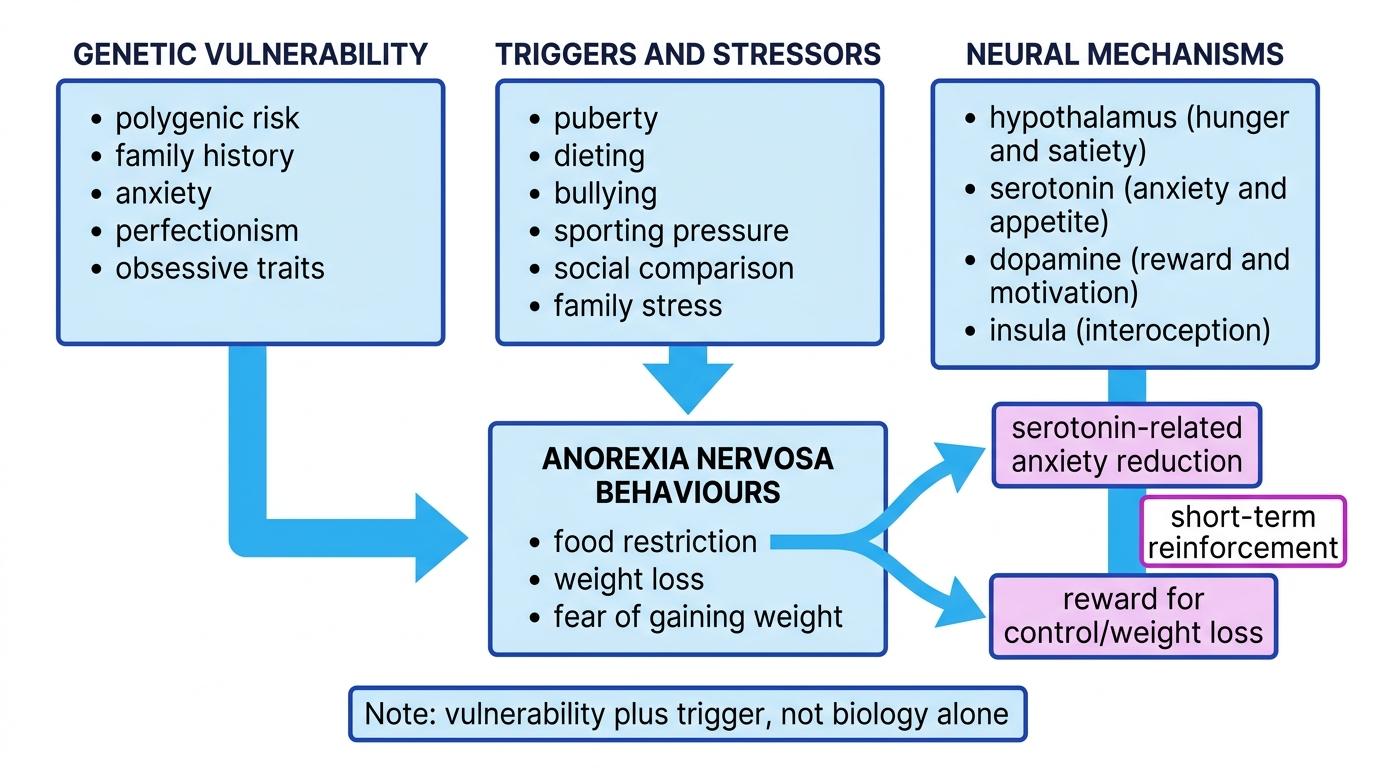 Flowchart showing genetic vulnerability, triggers, neural mechanisms and short-term reinforcement in anorexia nervosa