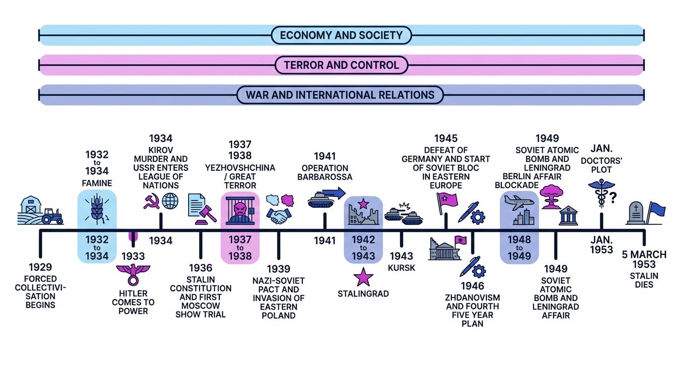 Annotated timeline of Stalin's rule from 1929 to 1953, showing economy and society, terror and control, and war and international relations milestones