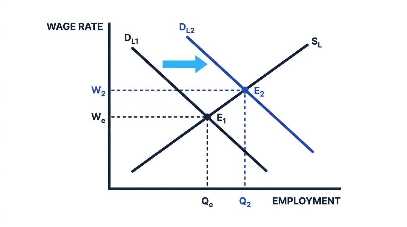 Competitive labour market graph with labour demand and labour supply crossing at equilibrium, plus a rightward shift in labour demand causing a higher wage and higher employment