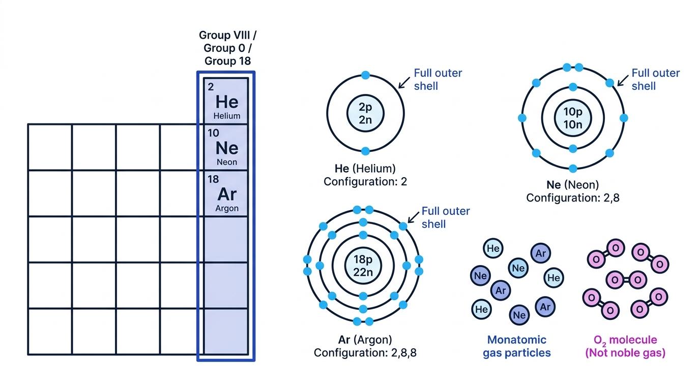 Periodic table snippet highlighting the noble gas column, with helium, neon and argon shell diagrams showing full outer shells and separate monatomic gas particles compared with an O2 molecule
