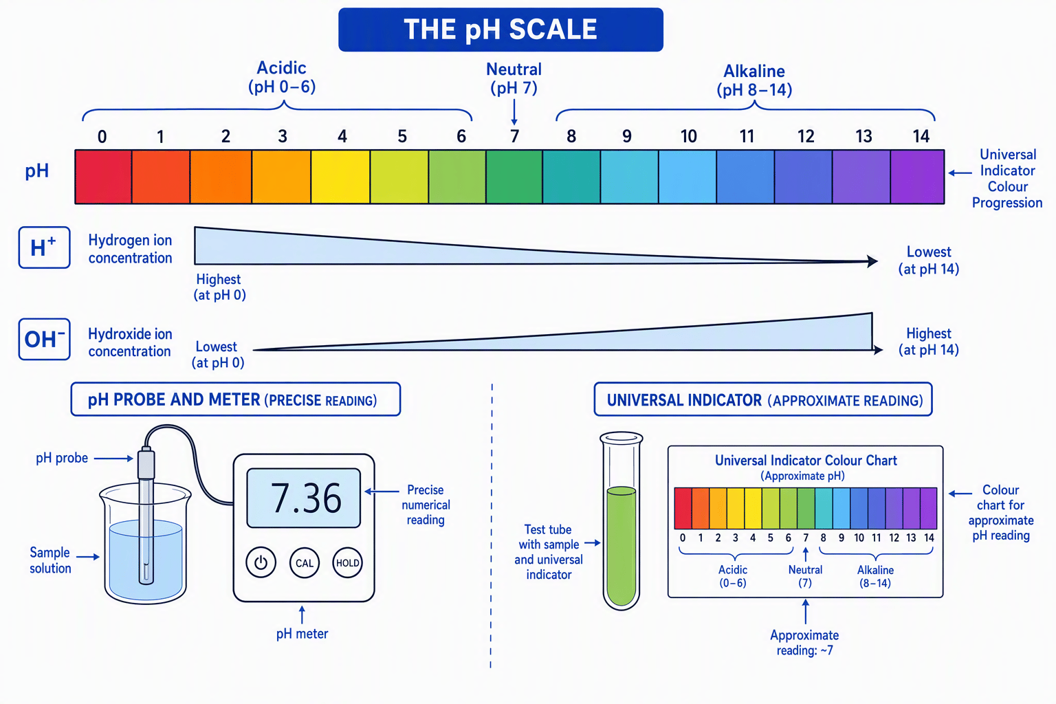 pH scale from 0 to 14 showing acidic, neutral, and alkaline regions; indicator colours; ion concentration trends; and methods for measuring pH