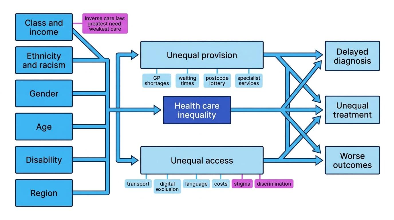 Concept map showing class, ethnicity, gender, age, disability and region shaping unequal provision and unequal access, leading to delayed diagnosis, unequal treatment and worse outcomes