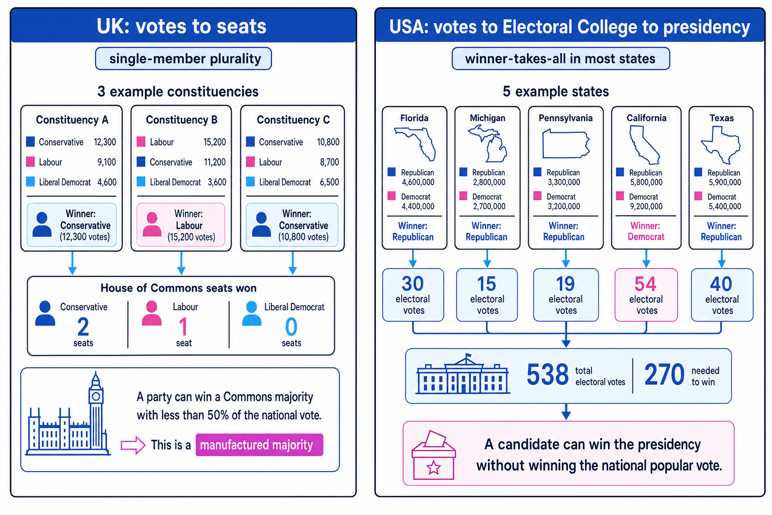Comparison of UK constituency First Past the Post and US Electoral College pathways