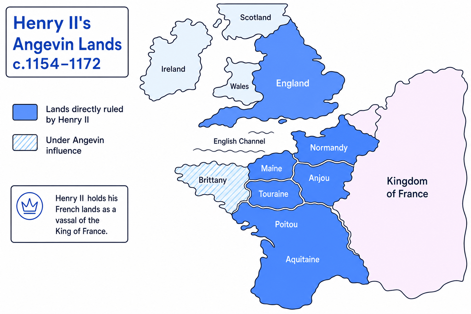 Map of Henry II's Angevin lands showing England, Normandy, Anjou, Maine, Touraine, Poitou and Aquitaine, with Brittany under Angevin influence and the Kingdom of France beside them