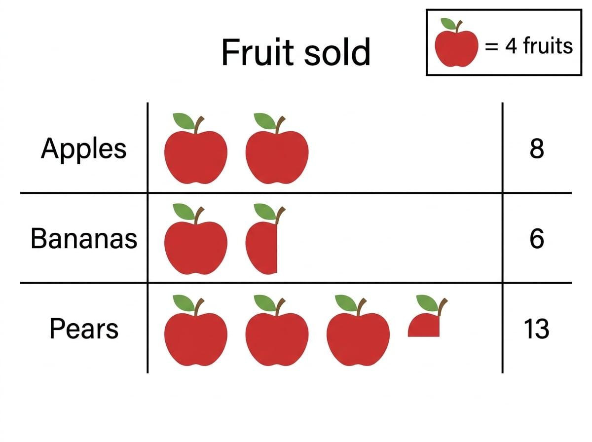 Pictogram titled Fruit sold with a key showing 1 apple symbol equals 4 fruits, and rows for Apples, Bananas, and Pears using full and part apple symbols