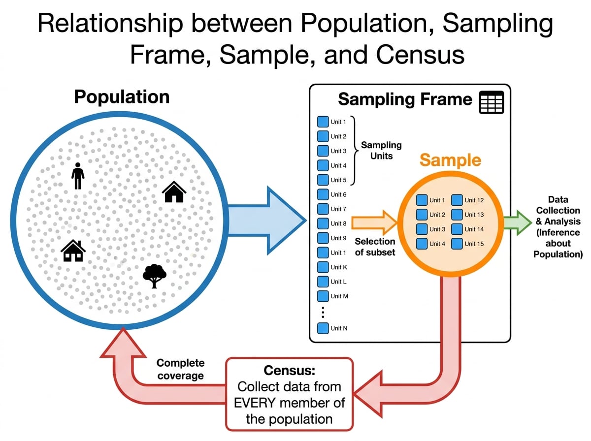 Diagram showing a large population, a sampling frame list of individual sampling units, a highlighted sample, and a note that a census uses every member