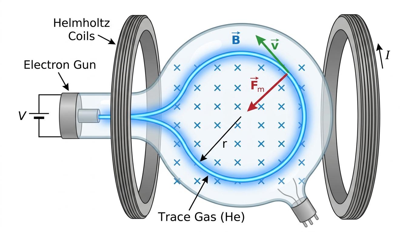 Fine beam tube with electron gun, Helmholtz coils, magnetic field at right angles to the beam, and circular electron path of radius r