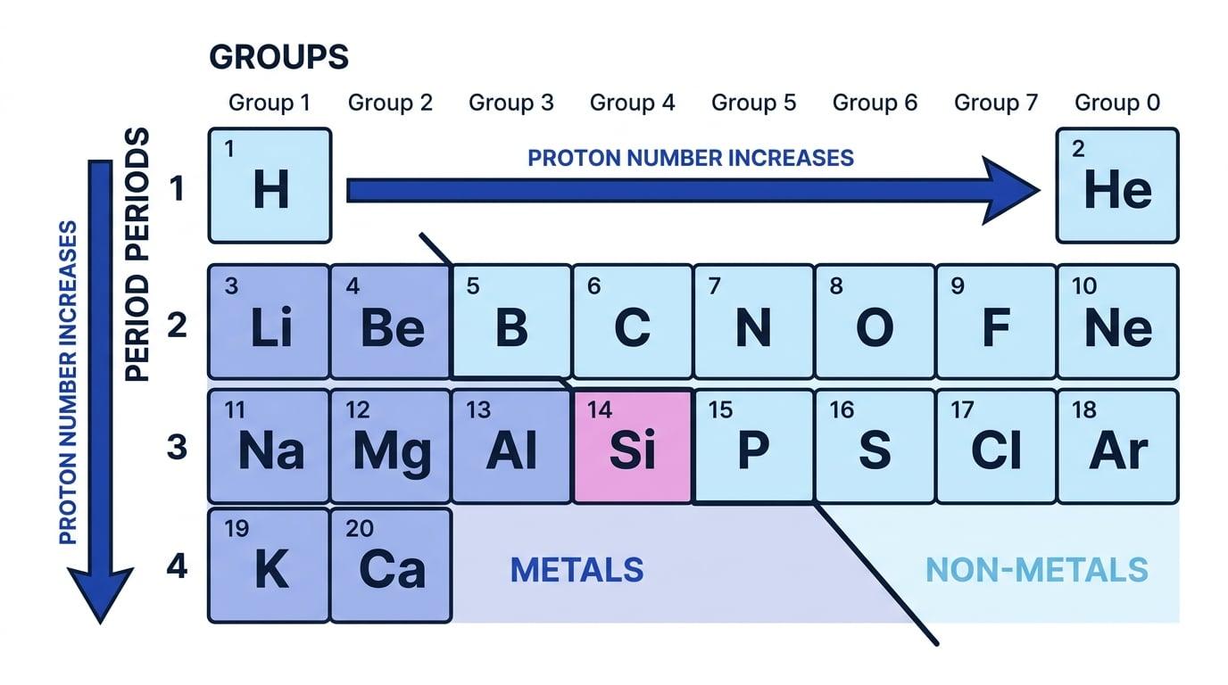 Simplified periodic table of the first 20 elements with groups and periods labelled, arrows showing increasing proton number, and the change from metals on the left to non-metals on the right