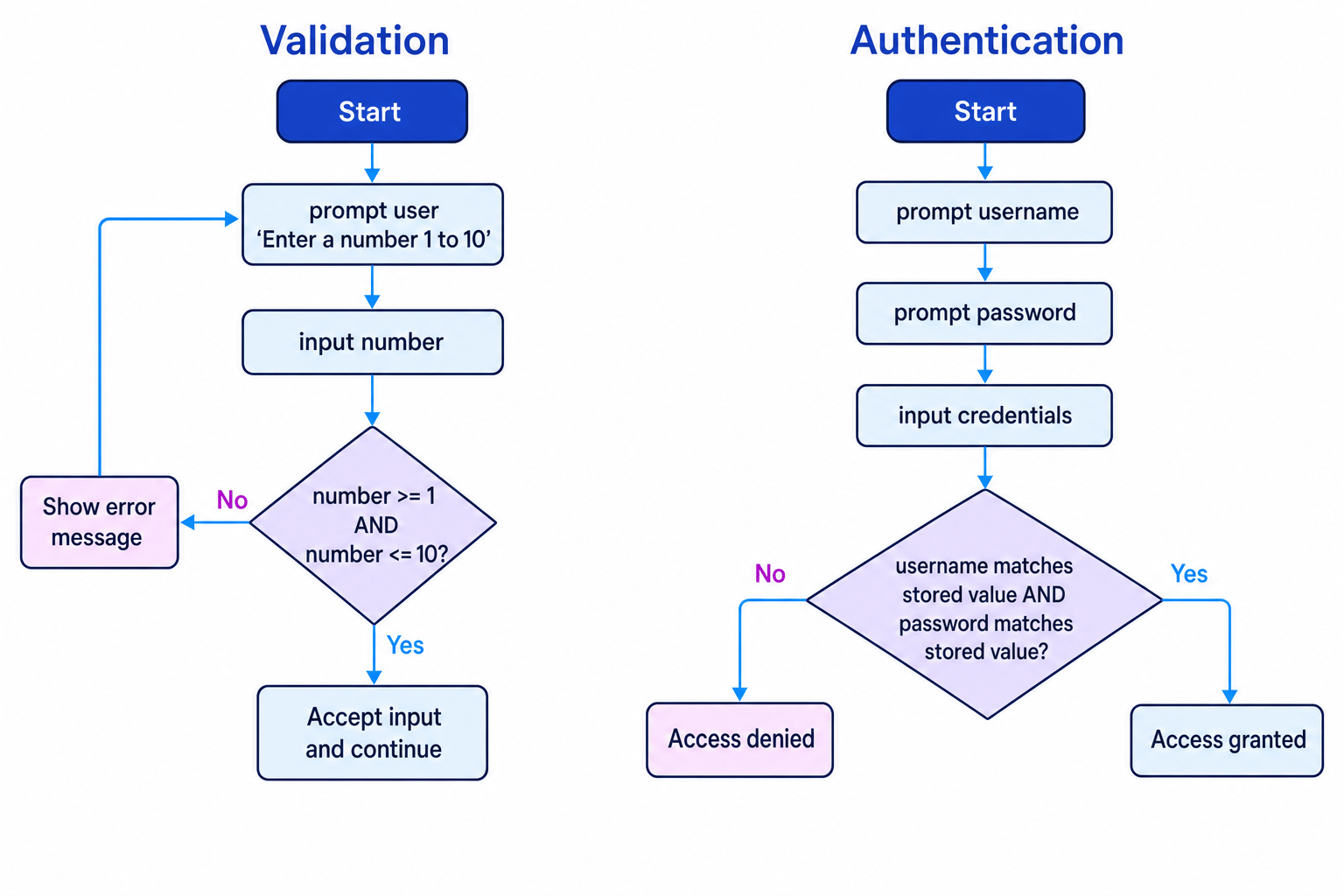 Flowchart comparing a validation loop and an authentication routine side by side
