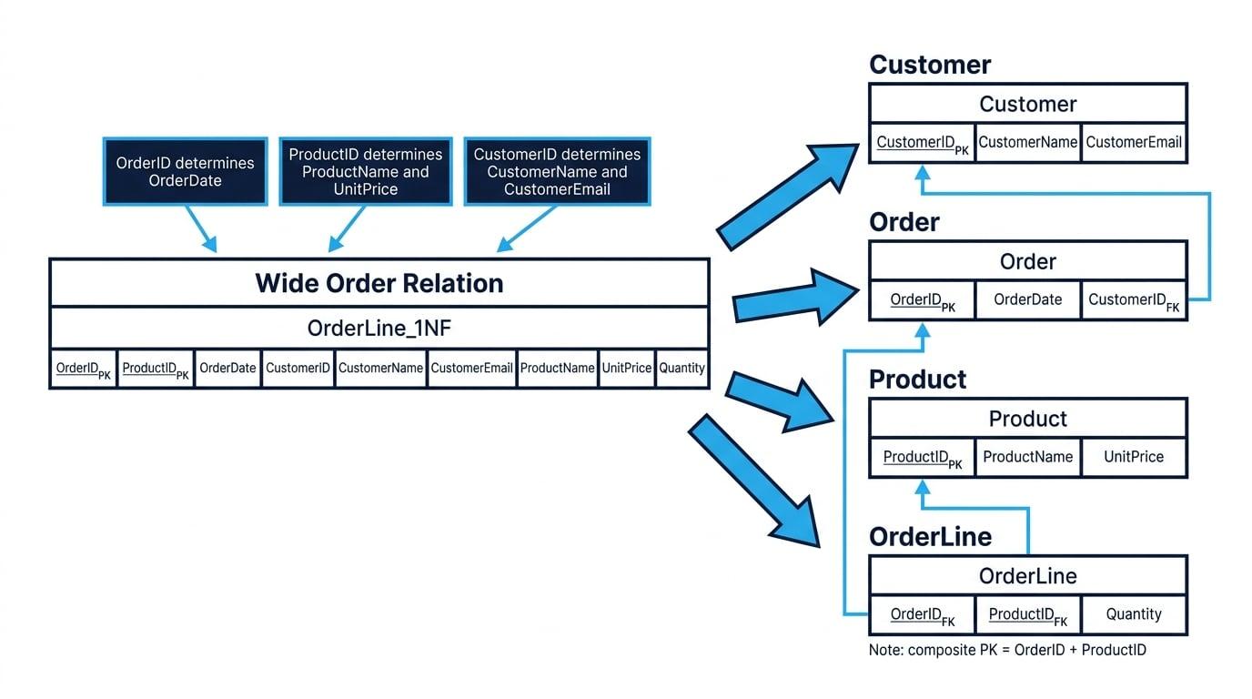 Normalisation diagram showing one wide order relation split into Customer, Order, Product and OrderLine tables with keys and dependency callouts