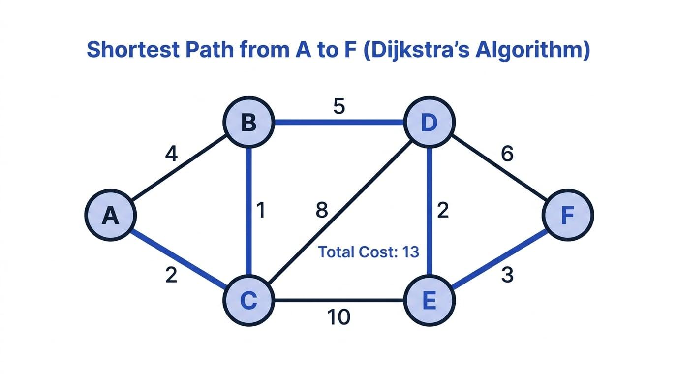Weighted graph with vertices A to F, labelled edge weights, and shortest path A to C to B to D to E to F highlighted with total cost 13