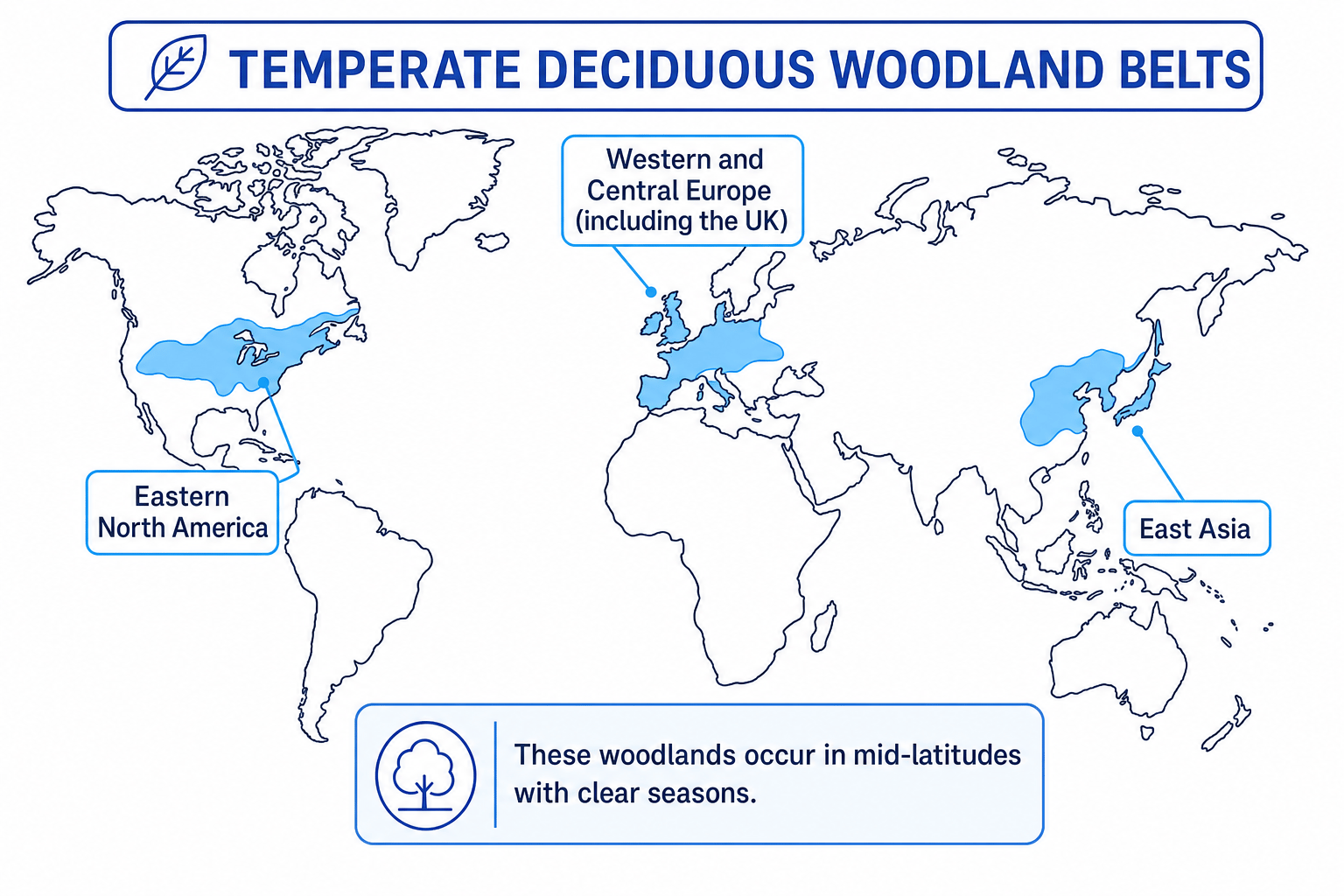 World map showing the main temperate deciduous woodland belts in eastern North America, western and central Europe including the UK, and East Asia