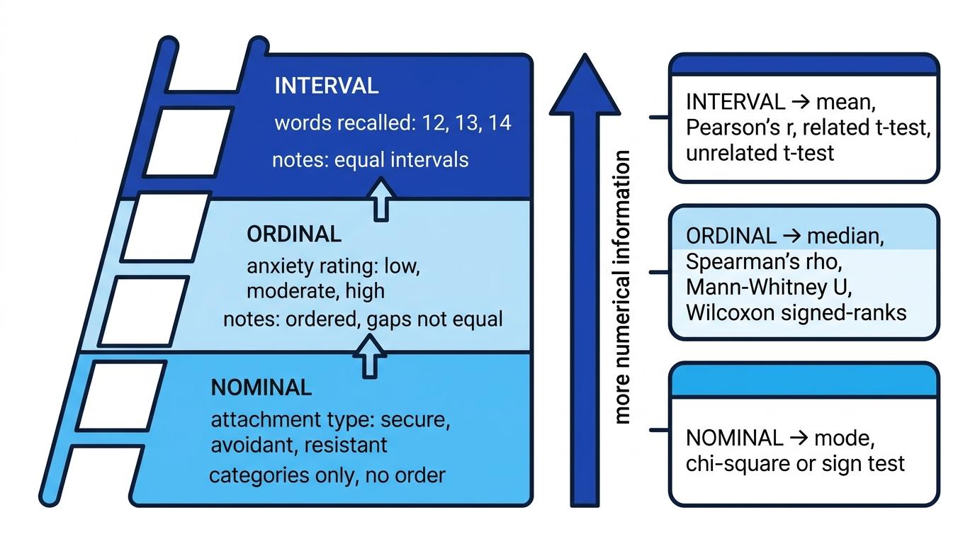 Ladder diagram showing nominal, ordinal and interval levels of measurement with examples and linked averages and AQA tests