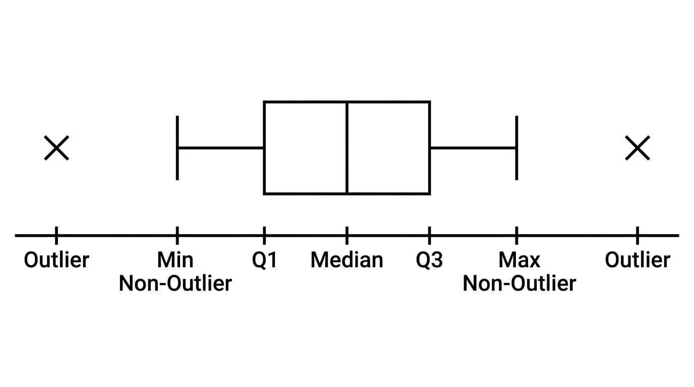 Annotated horizontal box plot showing outliers, whiskers, quartiles, and median