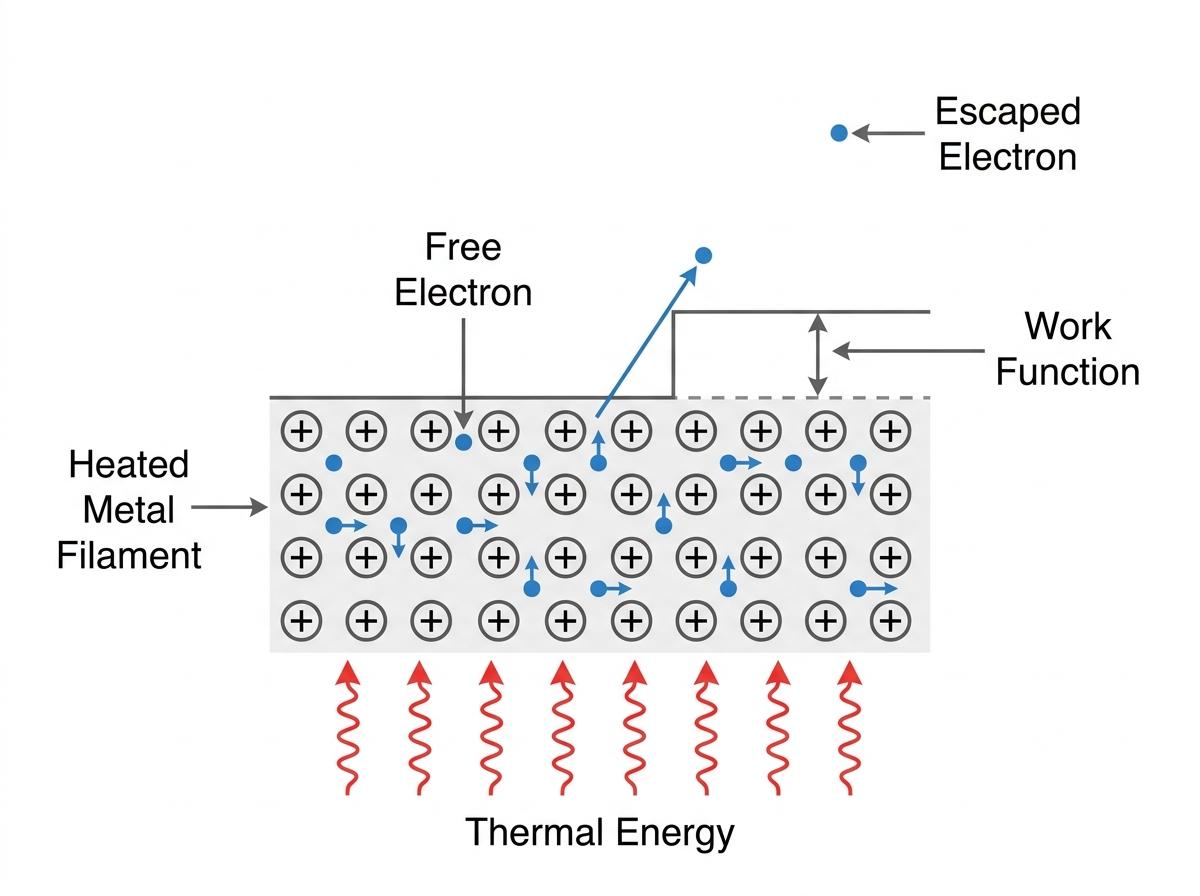 Thermionic emission from a heated metal filament showing electrons escaping the surface and the work function barrier