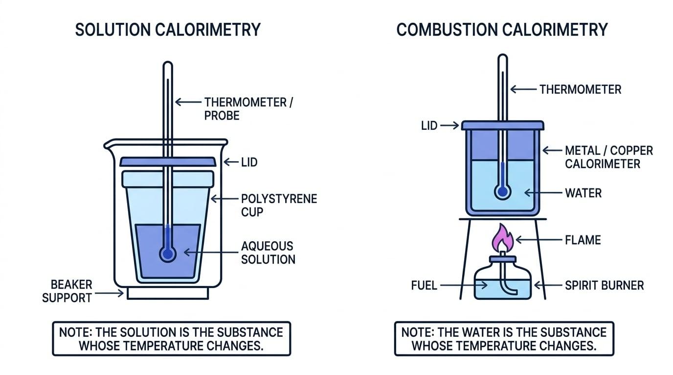 Side-by-side labelled solution calorimetry and combustion calorimetry setups showing the solution and water as the substances whose temperatures change