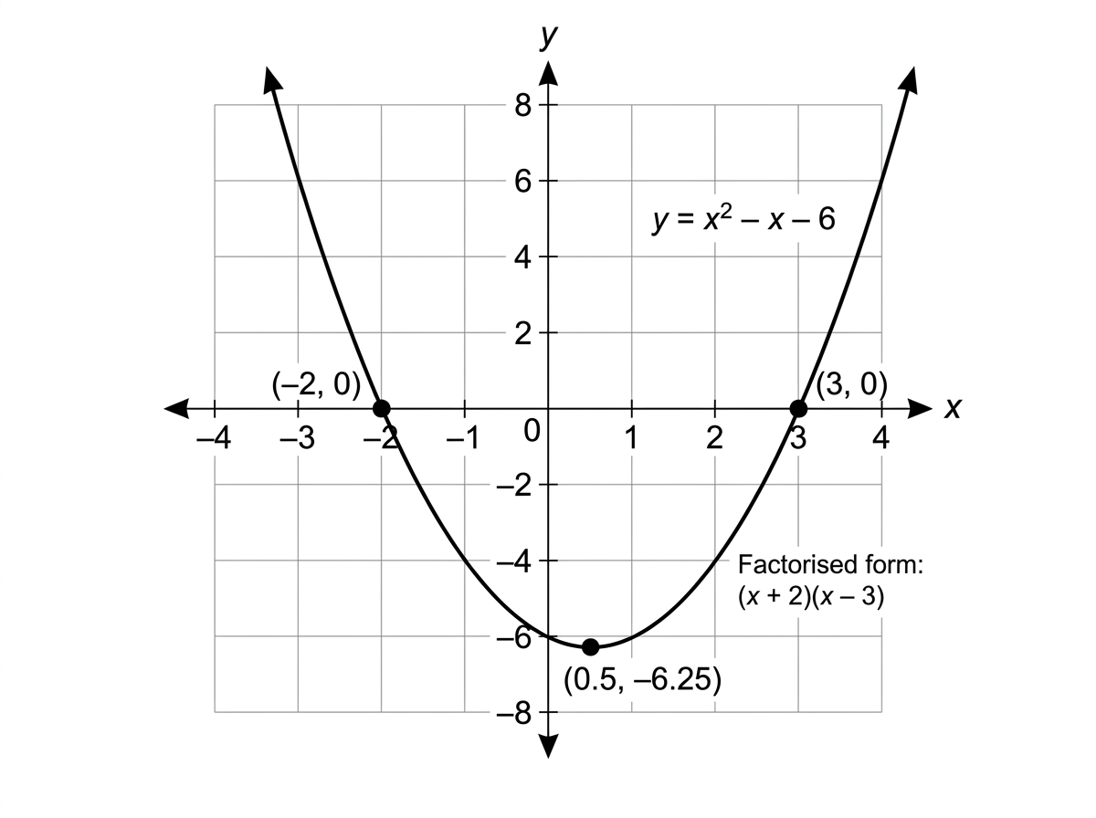 Graph of the parabola y = x^2 - x - 6 crossing the x-axis at -2 and 3, with roots and vertex labelled