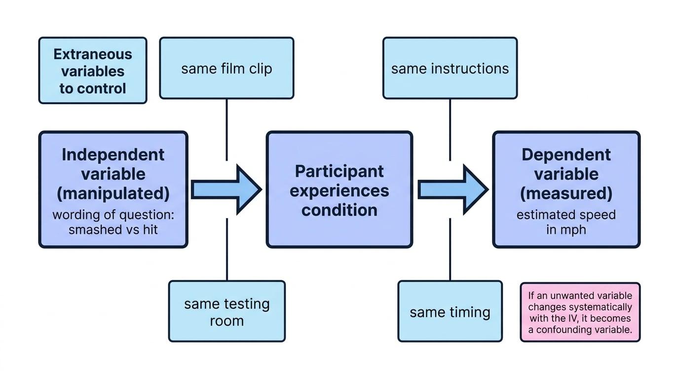 Flow diagram of a psychology experiment showing the independent variable as question wording, the participant experiencing the condition, the dependent variable as estimated speed, and extraneous variables such as the same film clip, instructions, room, and timing being controlled
